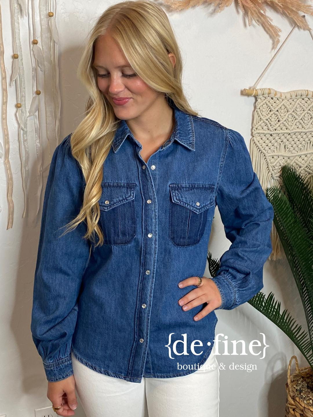 Risen Color Block Denim Pearl Snap Shirt in Regular & Curvy