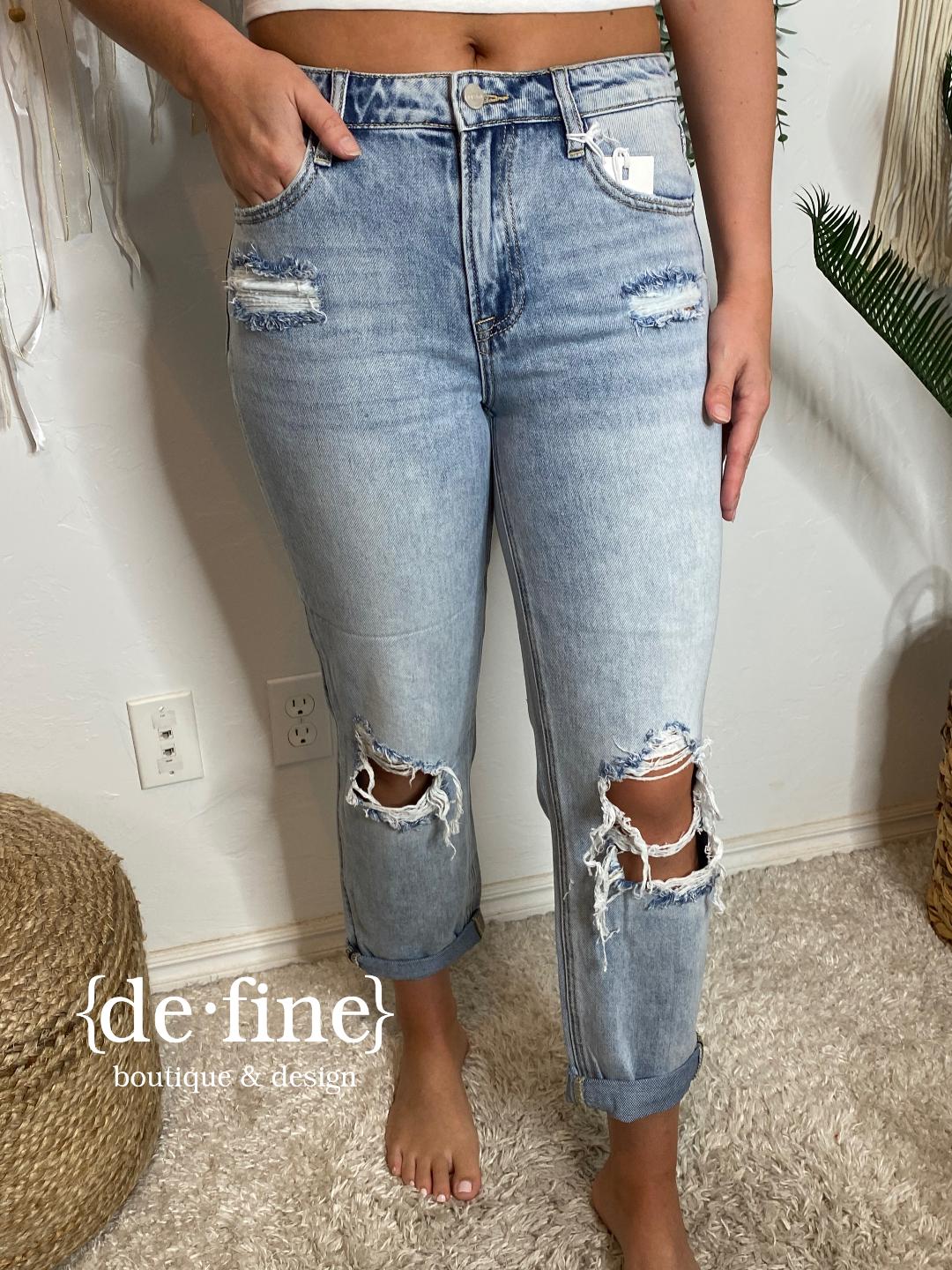 Risen High Rise Crop Boyfriend Distressed Jeans