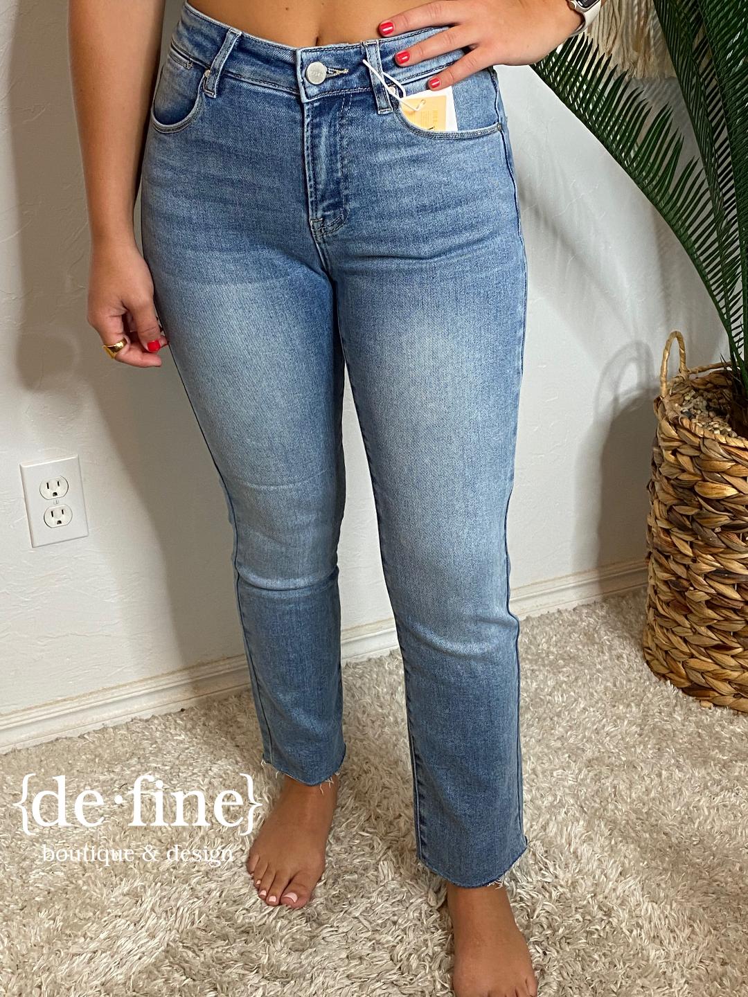 Risen Light Mid Rise Crop Straight Raw Edge Hem Jeans in Regular & Curvy