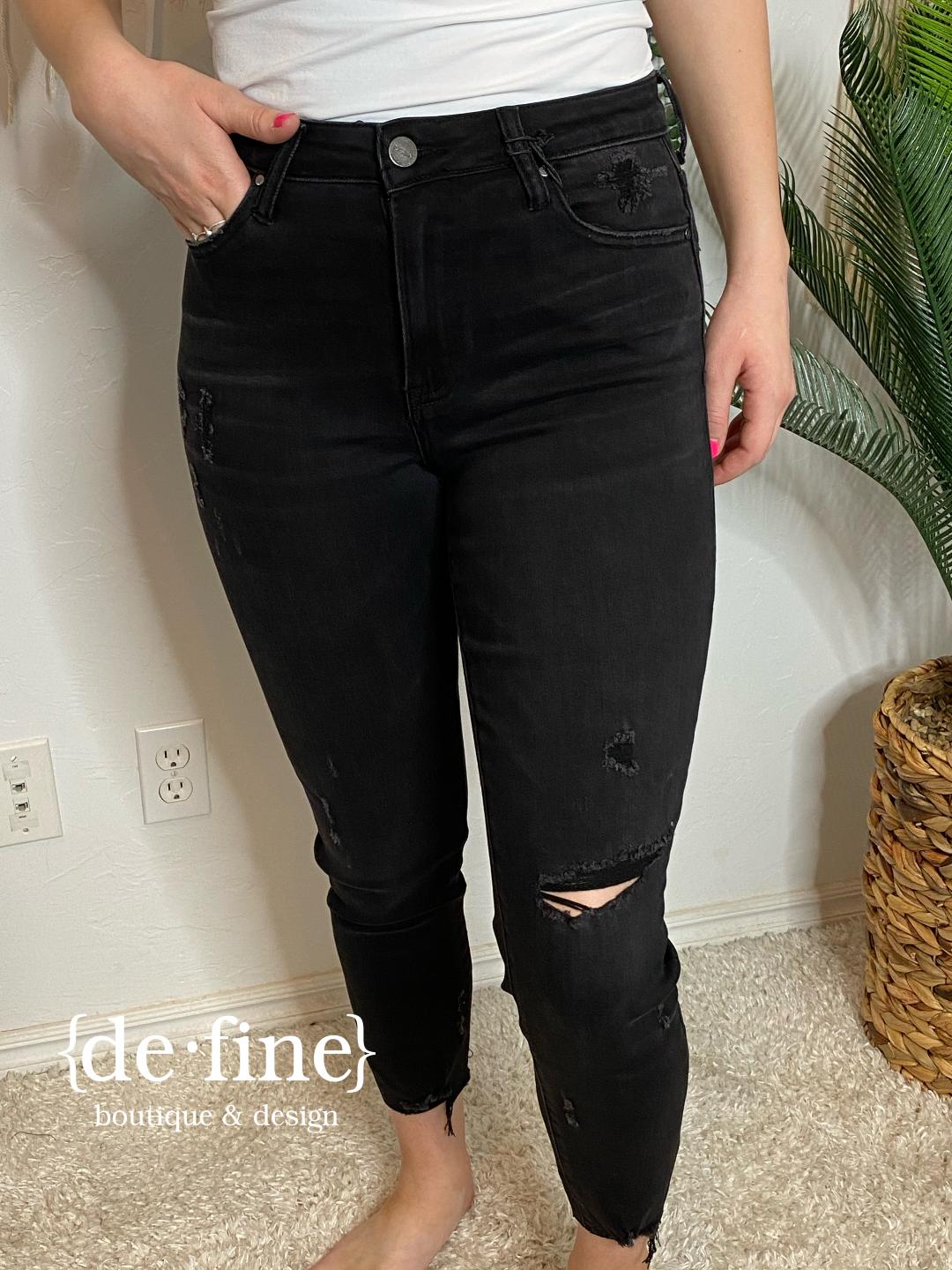Risen Mid Rise Washed Black Tapered Destroyed Jeans in Regular & Curvy