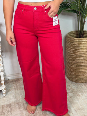 Risen Scarlet Red Tummy Control HR Wide Crop Jeans