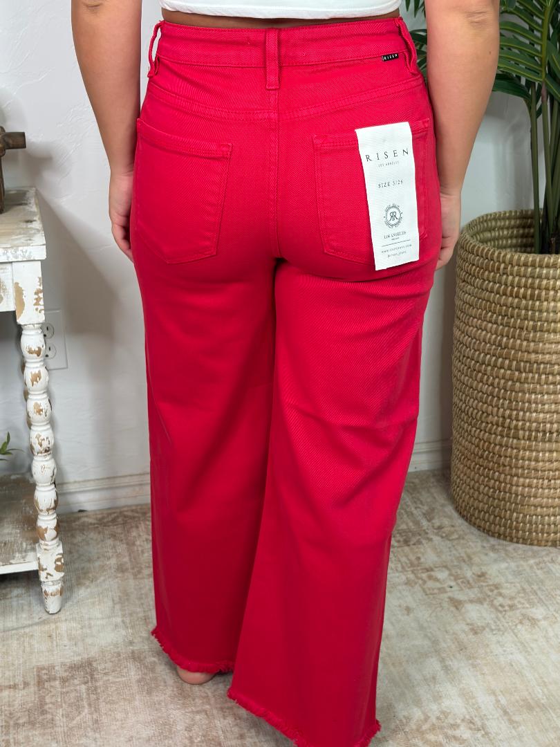 Risen Scarlet Red Tummy Control HR Wide Crop Jeans