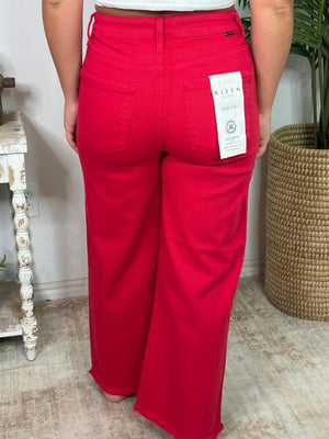 Risen Scarlet Red Tummy Control HR Wide Crop Jeans
