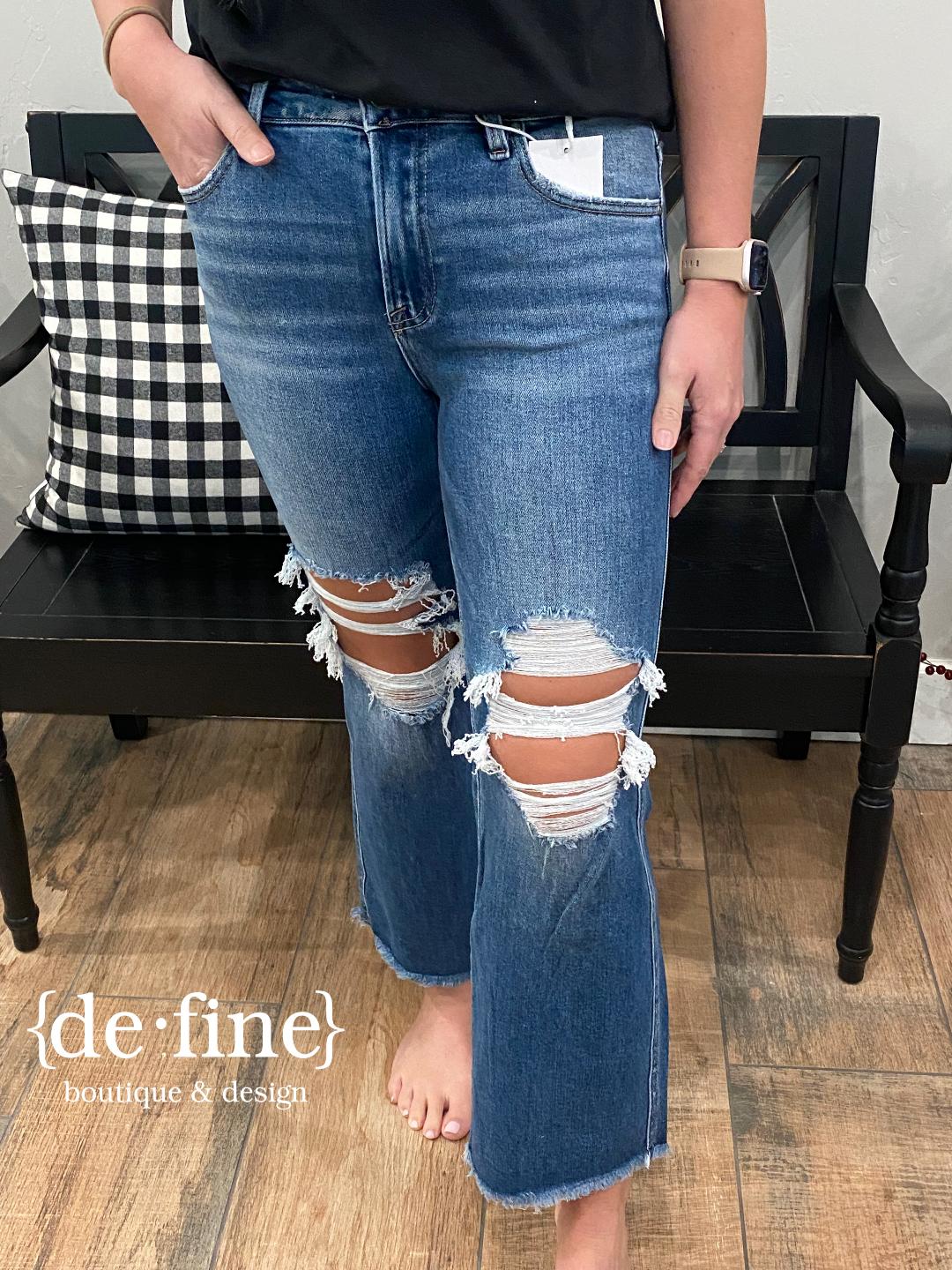 Risen Mid Rise Destroyed Crop Flare Jeans