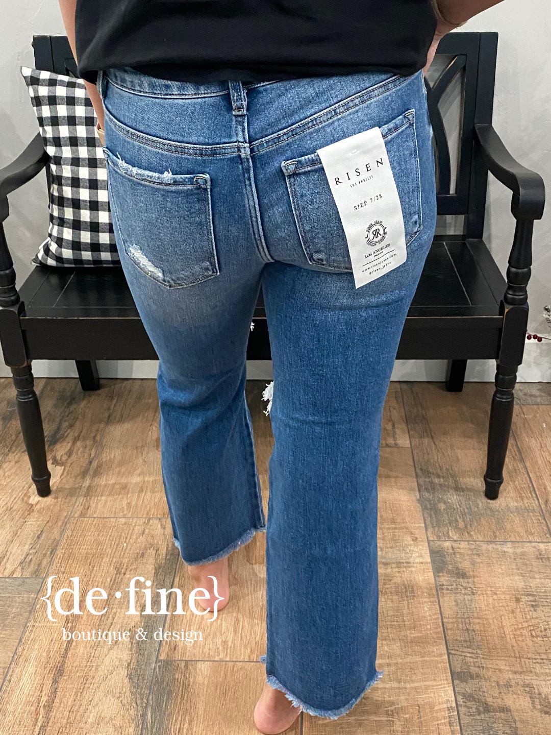 Risen Mid Rise Destroyed Crop Flare Jeans