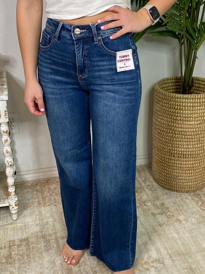 Risen Tummy Control  HR Crop Wide Leg Jeans Dark