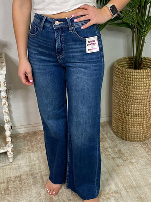 Risen Tummy Control  HR Crop Wide Leg Jeans Dark