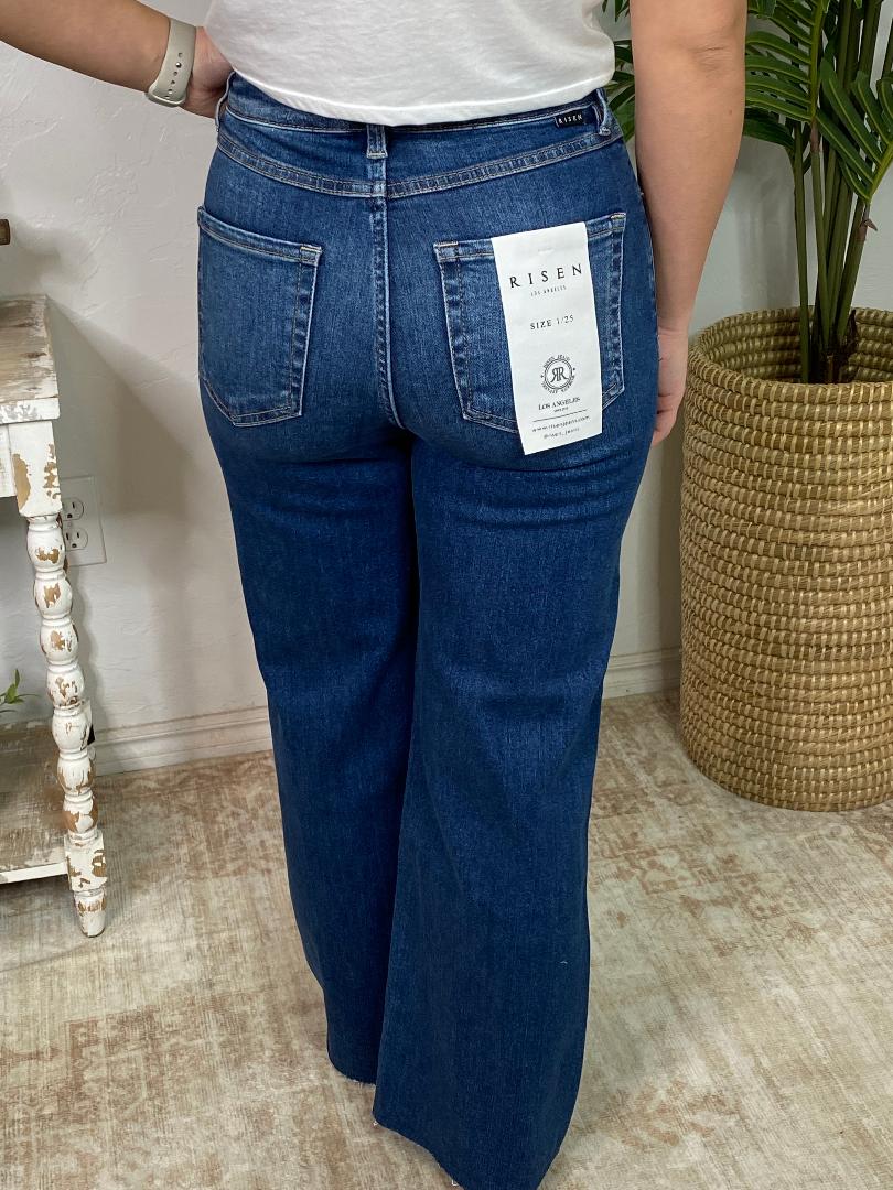 Risen Tummy Control  HR Crop Wide Leg Jeans Dark