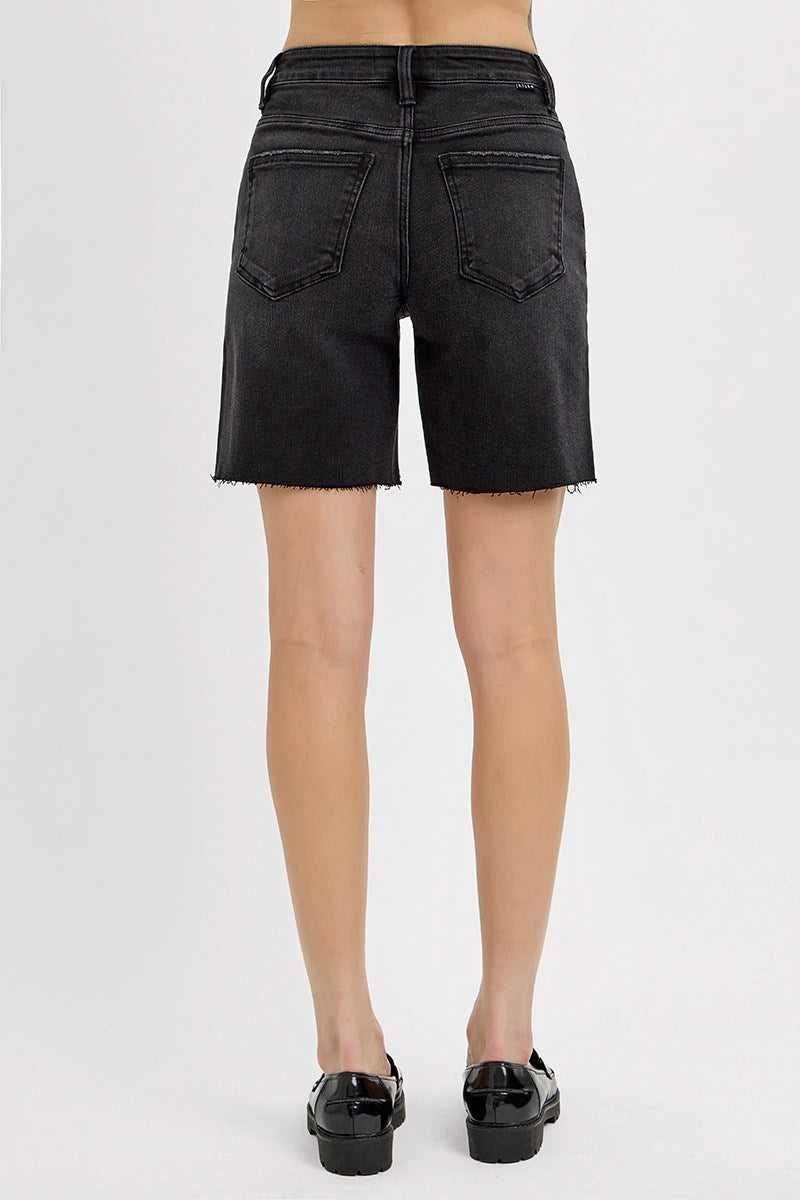 Risen Black Curvy Tummy Control HR Mid Length Raw Cut Hem Shorts