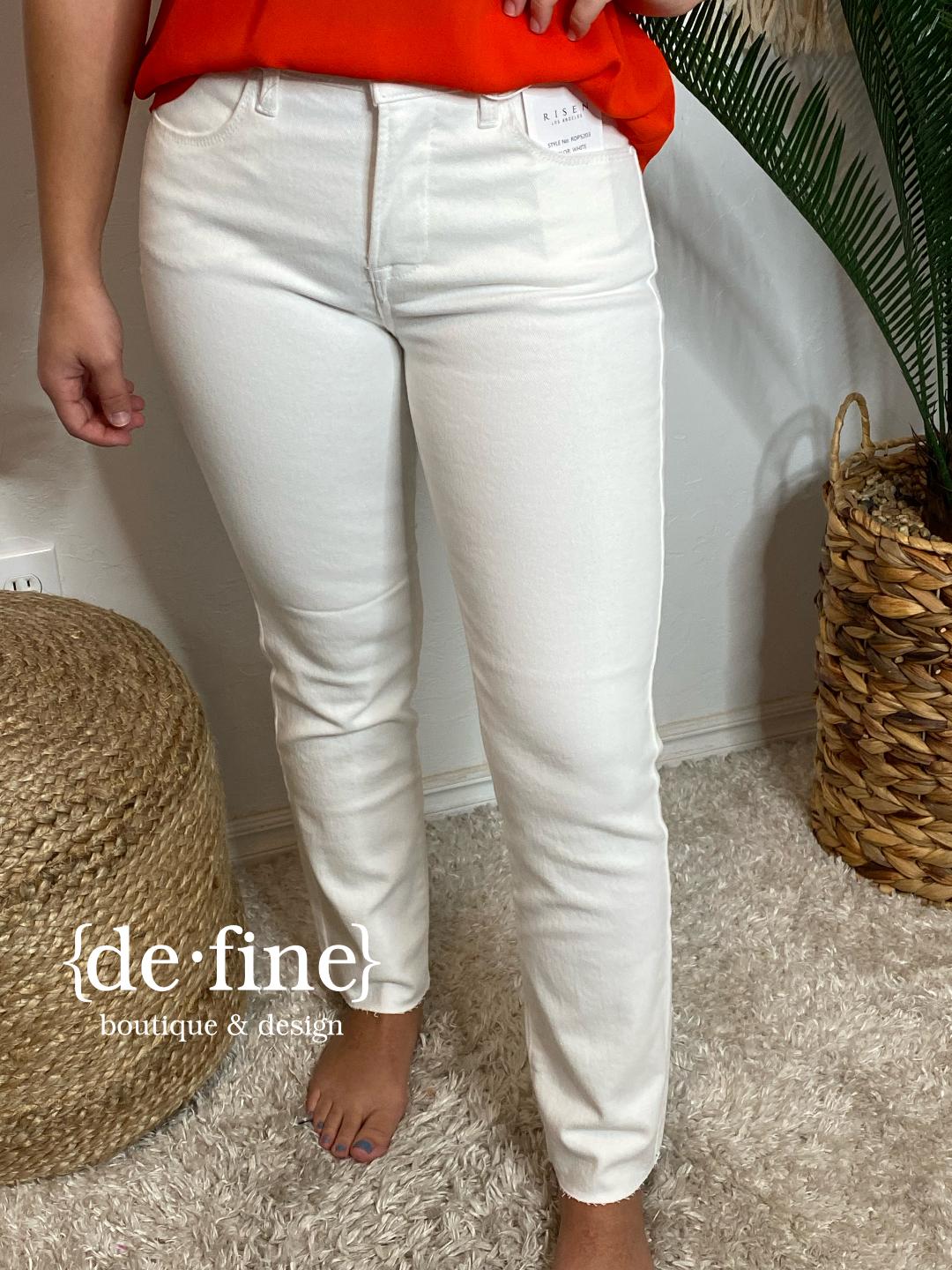 Risen White Mid Rise Tummy Control Raw Hem Straight Jeans