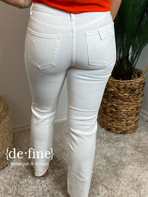 Risen White Mid Rise Tummy Control Raw Hem Straight Jeans