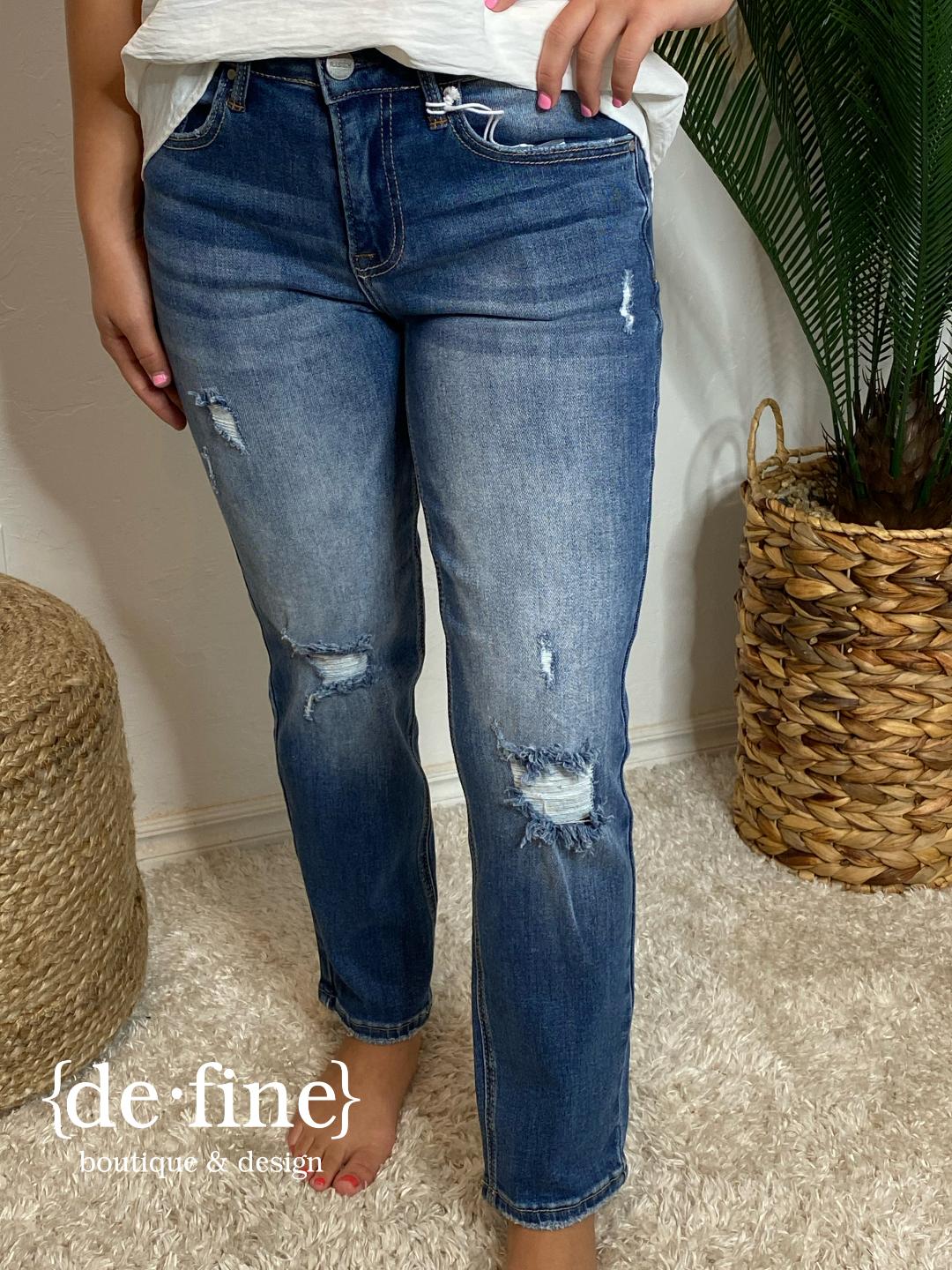 Risen Mid Rise Boyfriend Distressed Jeans in Curvy