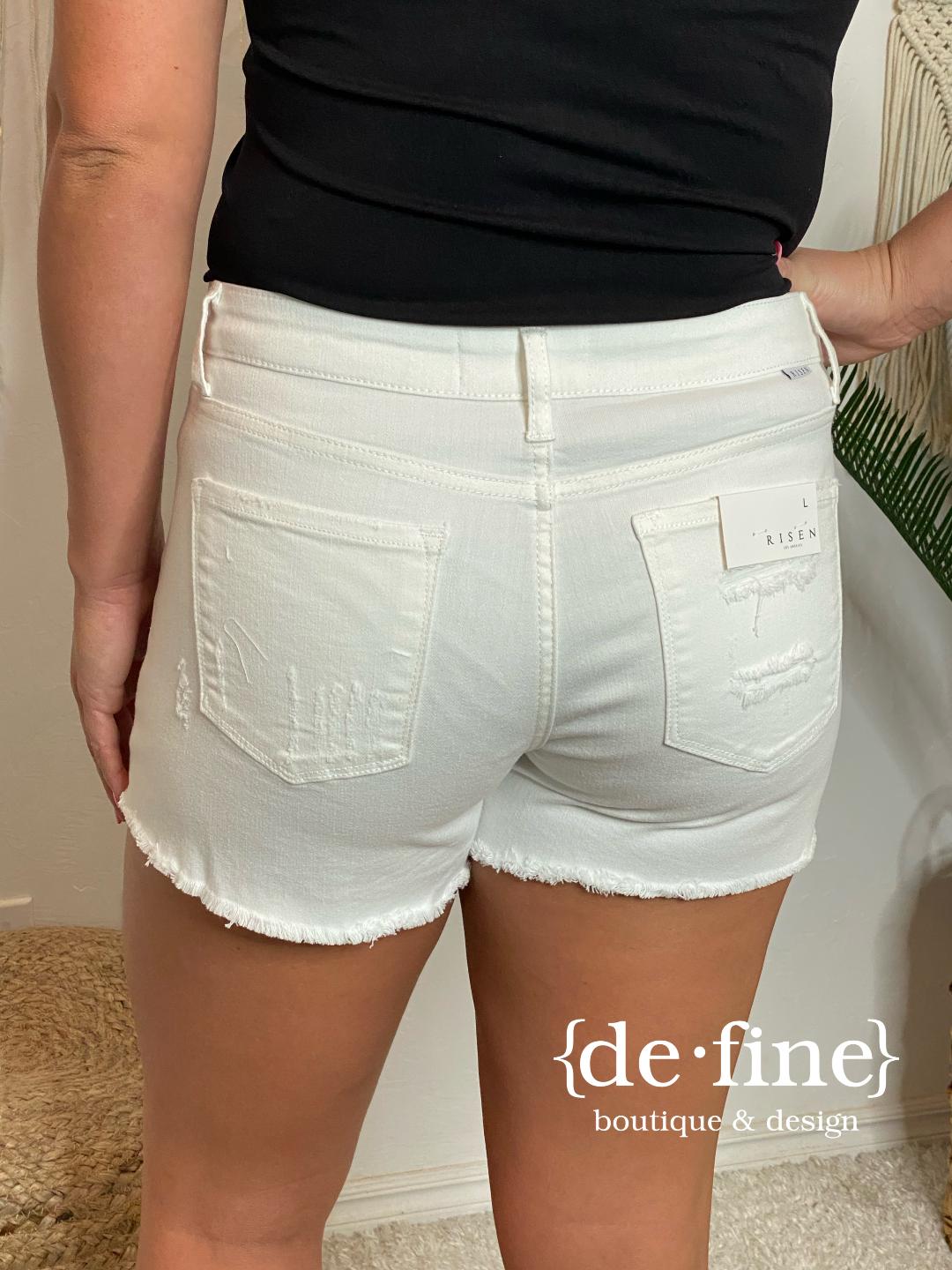 Risen White Destroyed Buttonfly Shorts