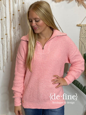 Candy Pink 1/4 Zip Chenille Sweater