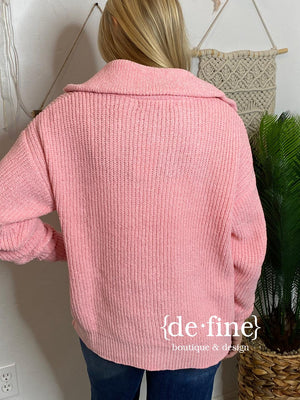 Candy Pink 1/4 Zip Chenille Sweater