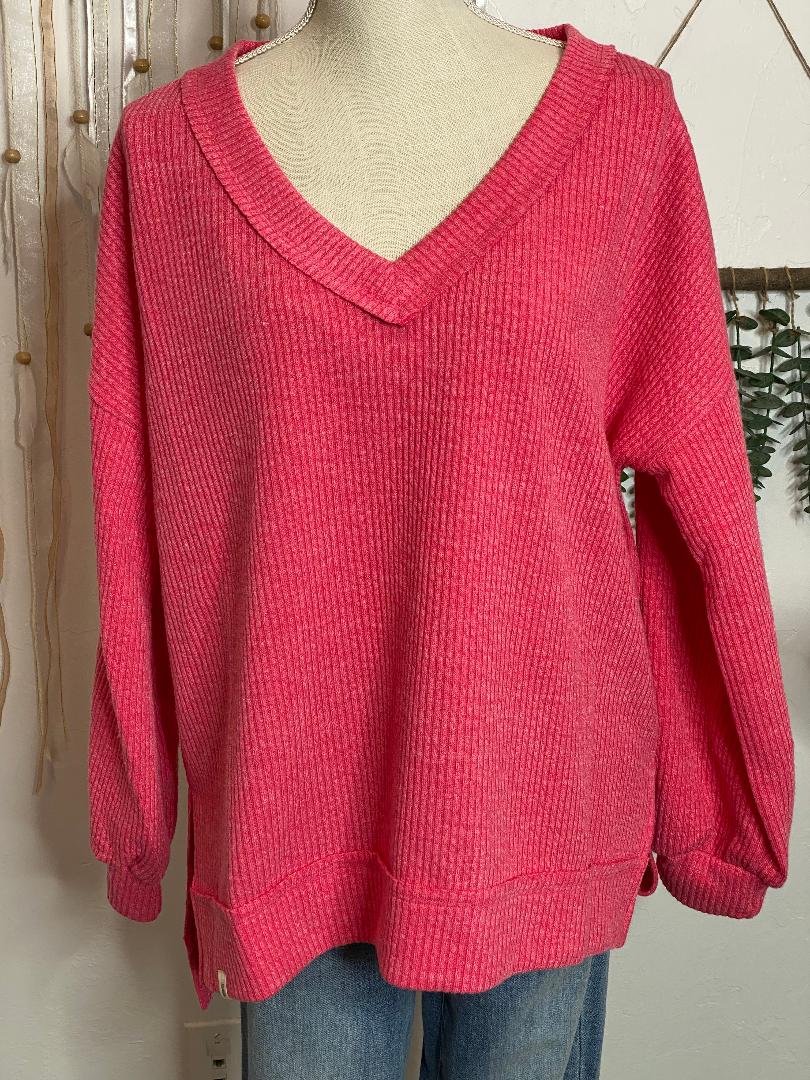 Simply Southern Split V-Neck Top in Hot Pink and Cream S-2XL