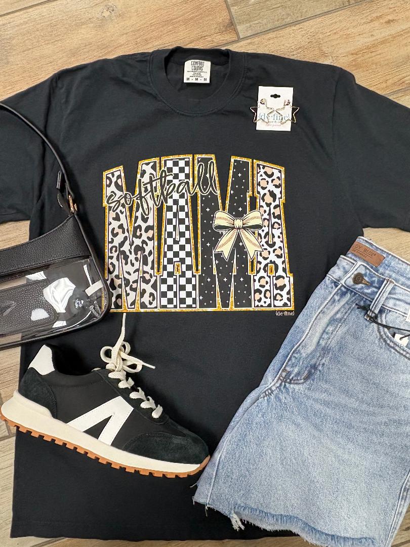 Softball Mama Leopard Check Stars Graphic Tee