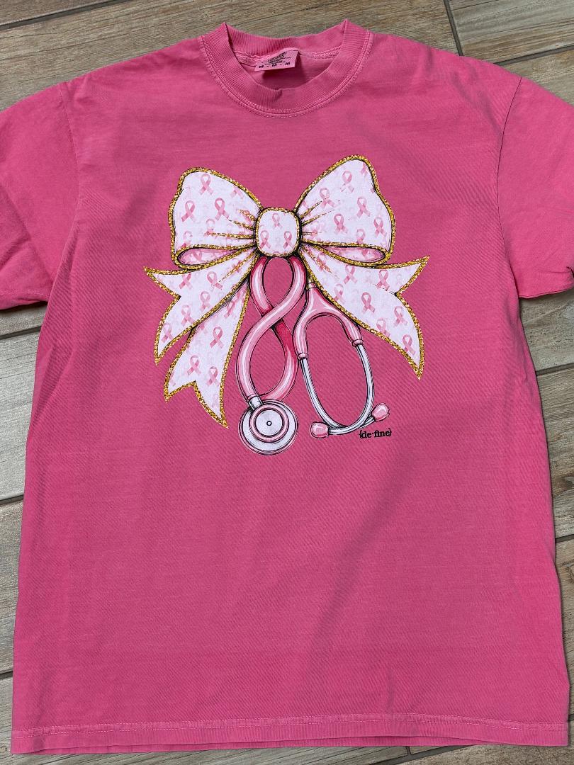 Breast Cancer Awareness Stethoscope Bow Graphic Tee