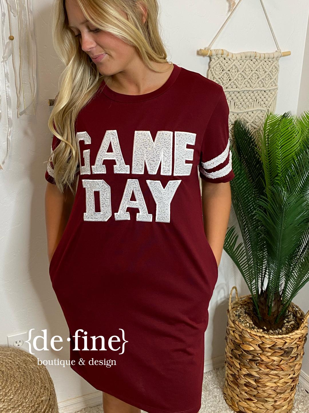 Game Day Sequin T-Shirt Dress with Pockets - Black or Maroon
