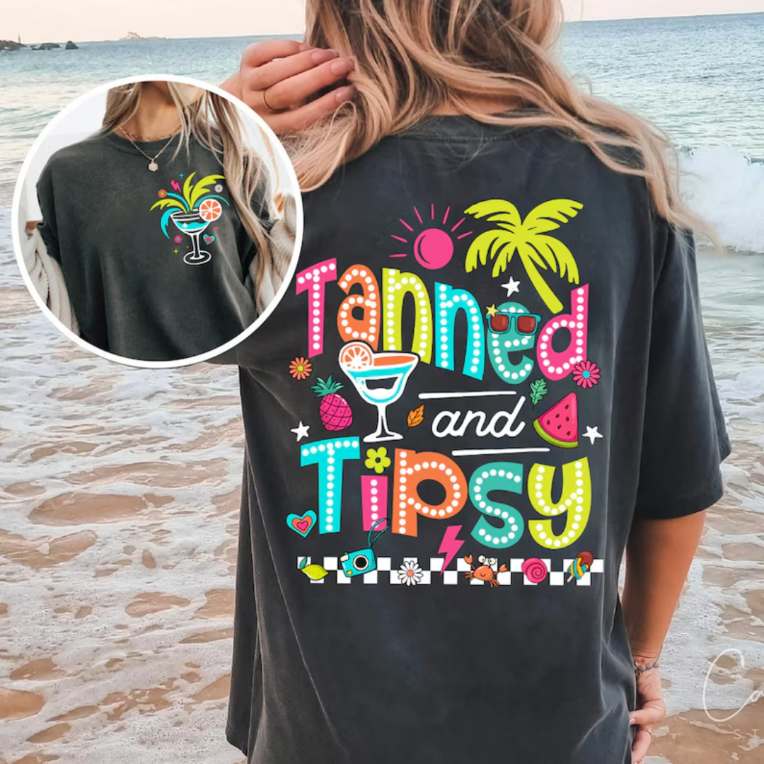 Tanned and Tipsy Bright Doodle Graphic Tee or Tank