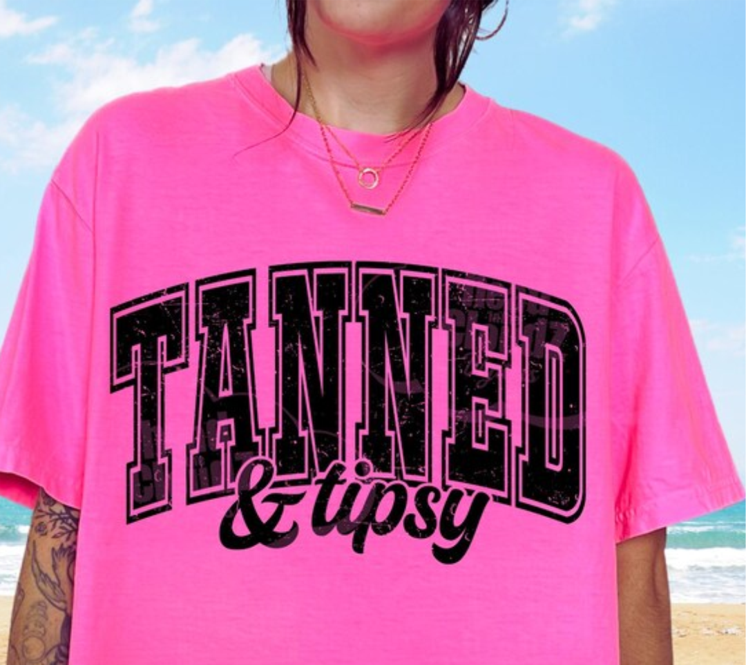 Tanned and Tipsy Block Letters Graphic Tee or Tank in 2 colors