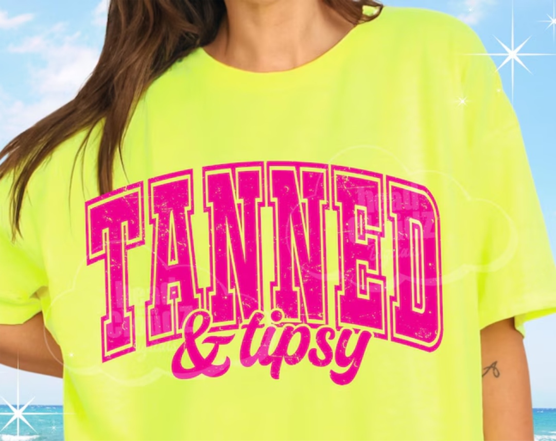 Tanned and Tipsy Block Letters Graphic Tee or Tank in 2 colors
