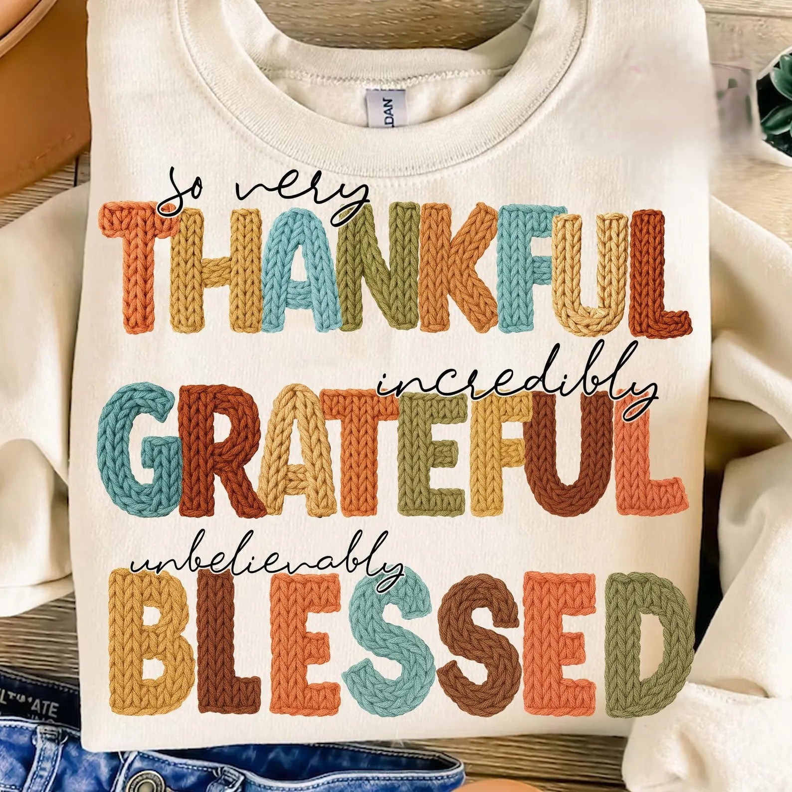 Thankful Grateful Blessed Knit Look Tee or Sweatshirt