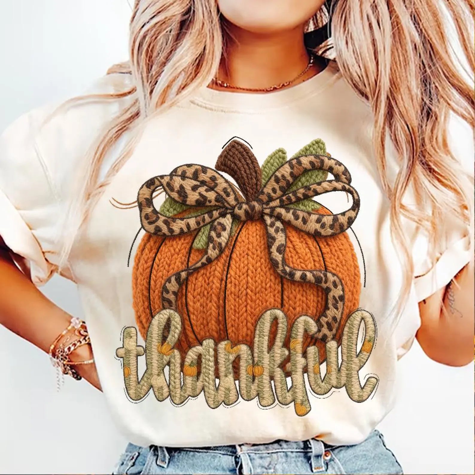 Thankful Orange Pumpkin Knit Look Tee or Sweatshirt
