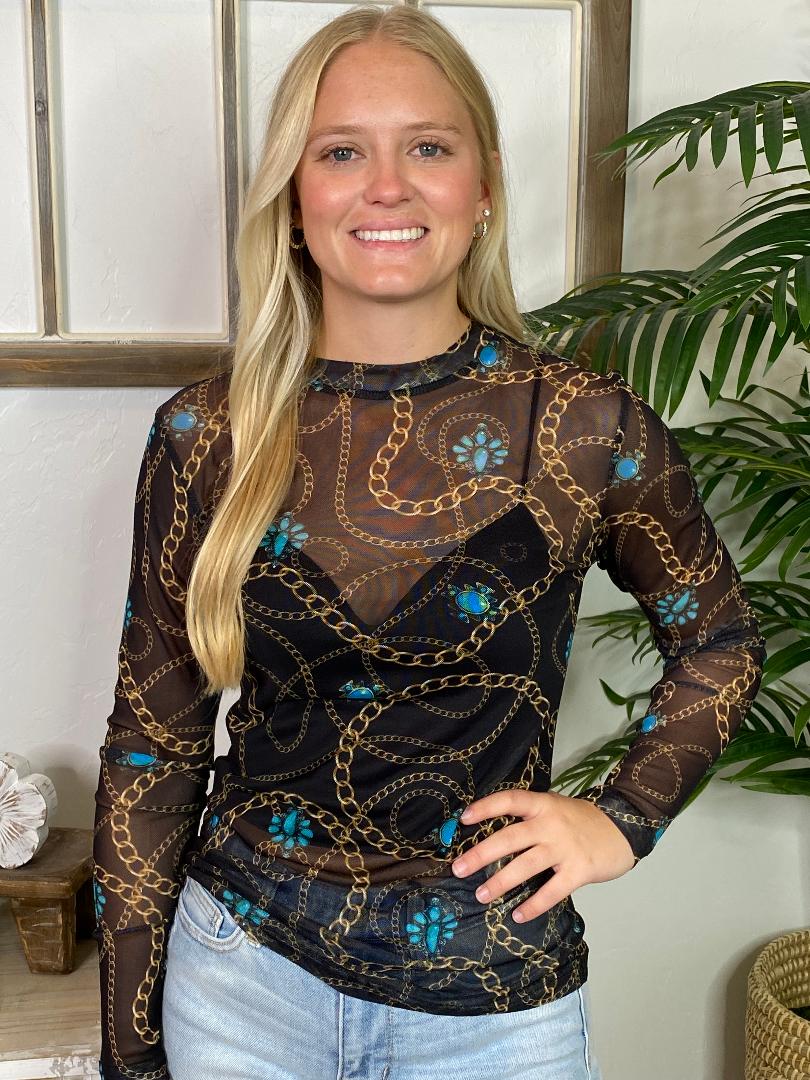 Black Gold Chain and Turquoise Mesh Top