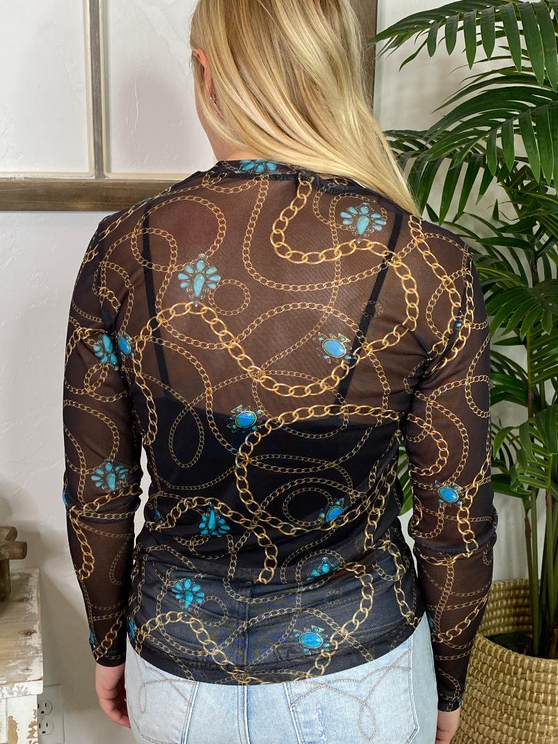 Black Gold Chain and Turquoise Mesh Top