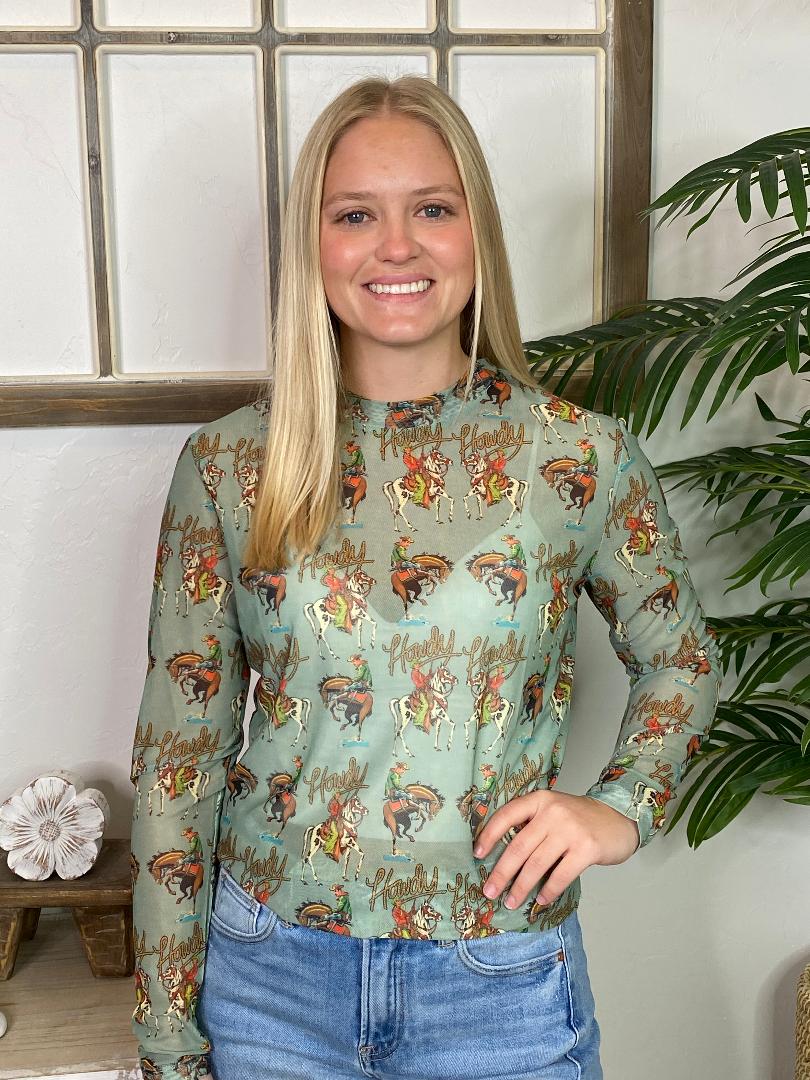 Mint Howdy with Bucking Horses Sheer Mesh Top