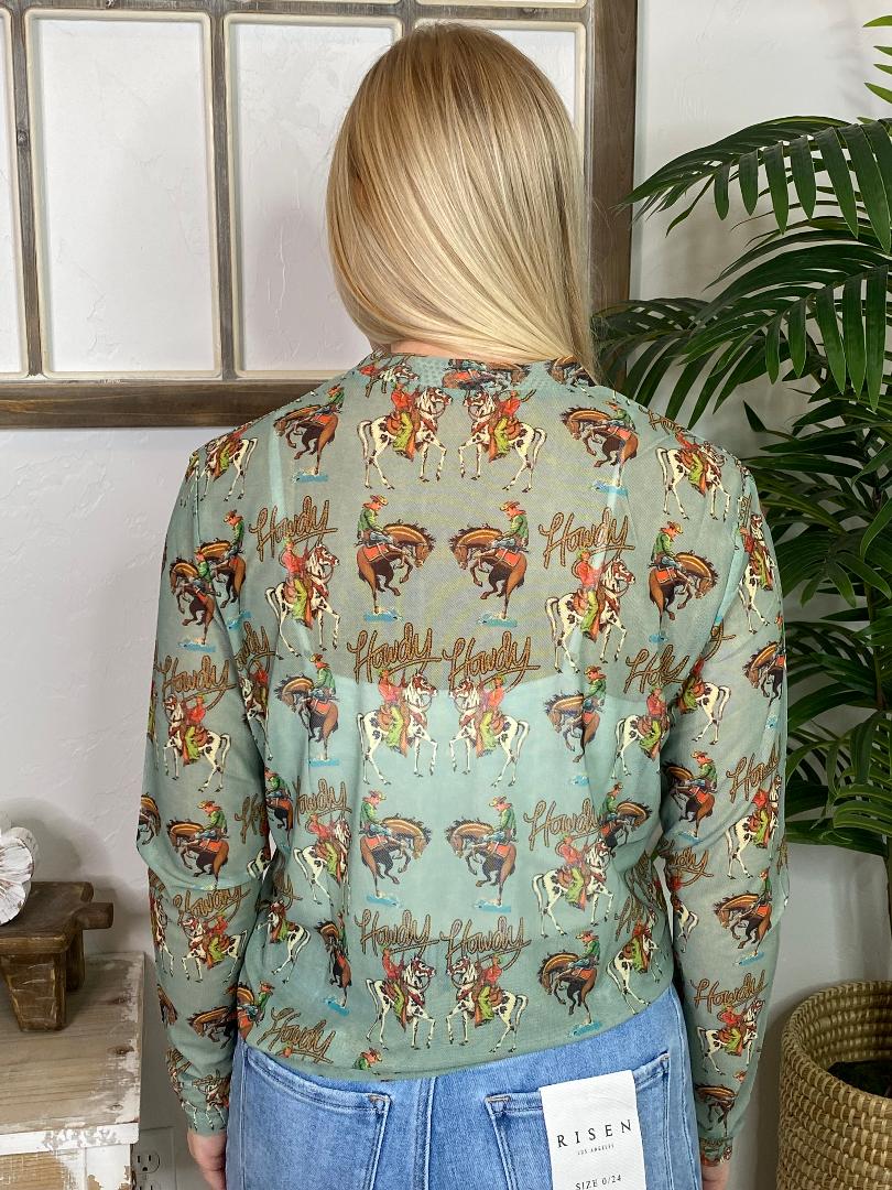 Mint Howdy with Bucking Horses Sheer Mesh Top