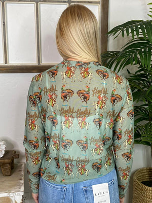 Mint Howdy with Bucking Horses Sheer Mesh Top