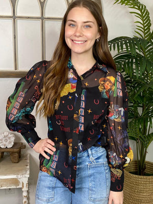 Vintage Western Sheer Black Blouse