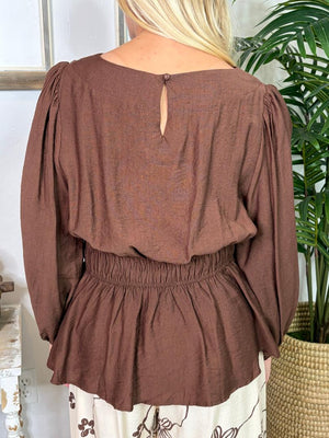 Brown Round Neck Top with Elastic Waist
