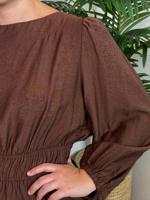 Brown Round Neck Top with Elastic Waist
