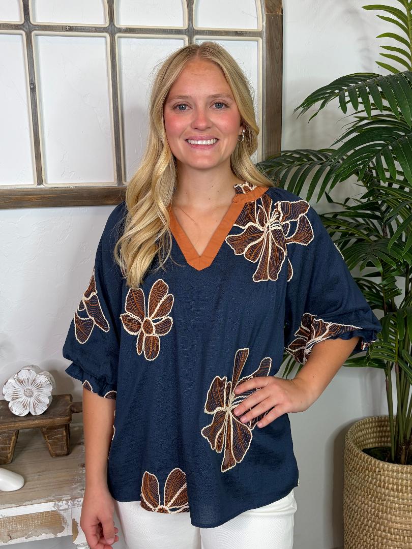 Denim Blouse with Camel Embroidery S-2XL