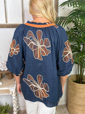 Denim Blouse with Camel Embroidery S-2XL