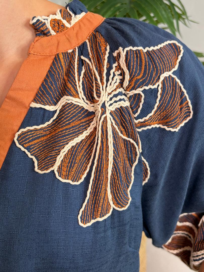Denim Blouse with Camel Embroidery S-2XL