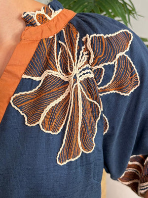 Denim Blouse with Camel Embroidery S-2XL