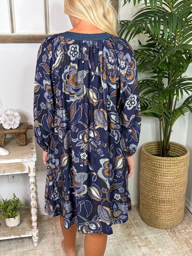 Navy Floral V-Neck Dress with Pockets