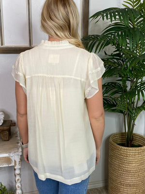 V-Neck Top with Scalloped Trim Details in 3 Colors S-2XL