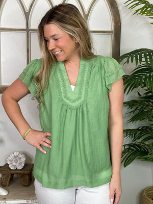 V-Neck Top with Scalloped Trim Details in 3 Colors S-2XL