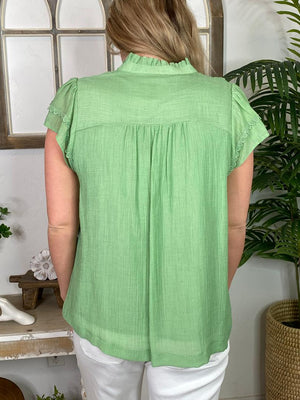 V-Neck Top with Scalloped Trim Details in 3 Colors S-2XL
