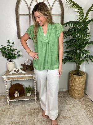 V-Neck Top with Scalloped Trim Details in 3 Colors S-2XL
