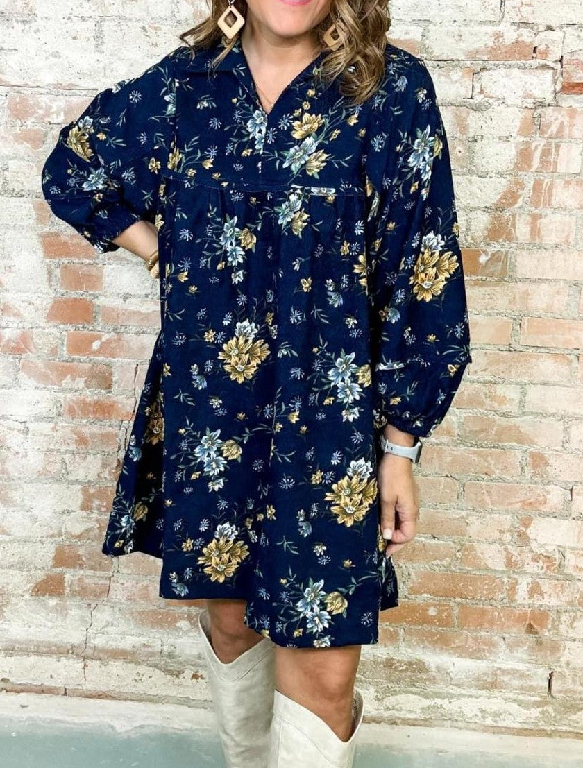 Navy Corduroy Dress with Yellow Flowers