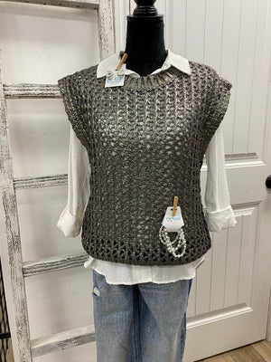 Gunmetal Metallic Short Sleeve Sweater