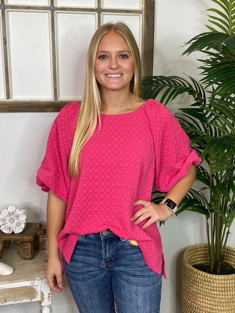 Hot Pink or Black Check Textured Blouse in Regular & Curvy