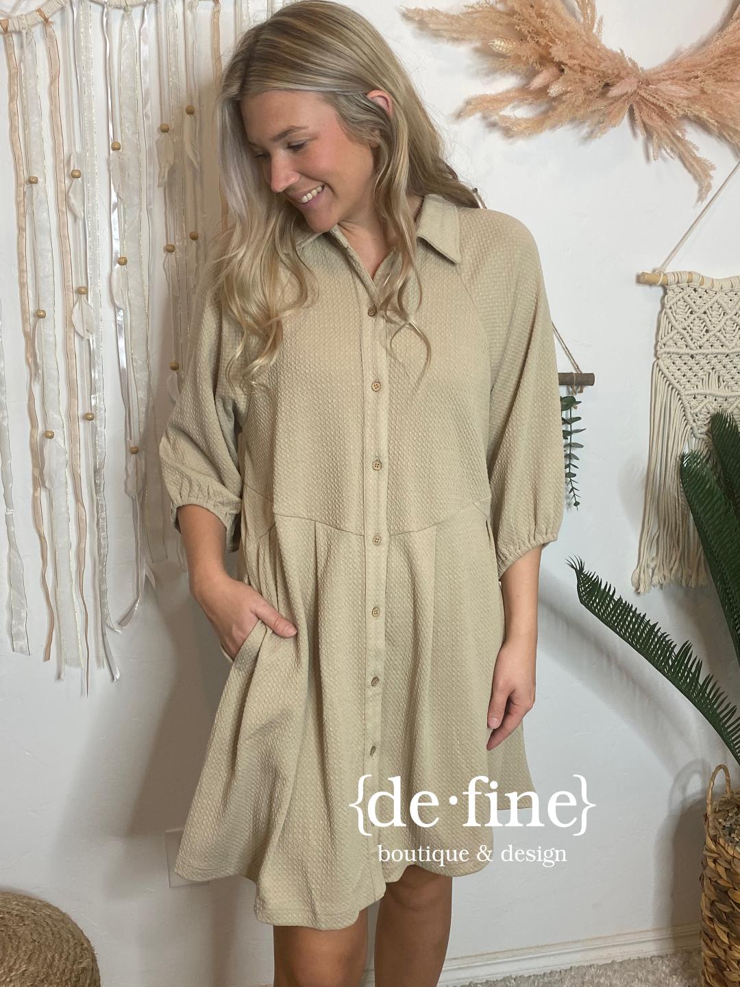 Latte Textured Button Up Dress in Regular & Curvy