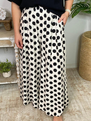 Off White and Black Polka Dot Wide Leg Pants